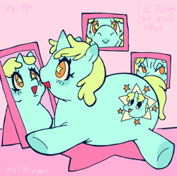 Size: 1080x1076 | Tagged: safe, artist:yui94, whoa nelly, pony, unicorn, g4, fat, female, lying down, mare, mirror, narcissism, picture, prone, solo, starry eyes, wingding eyes