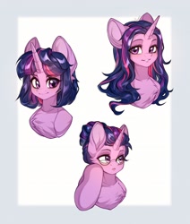 Size: 1734x2048 | Tagged: safe, artist:minekoo2, twilight sparkle, pony, unicorn, g4, alternate hairstyle, blushing, bust, chest fluff, glasses, solo