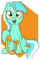 Size: 1500x2224 | Tagged: safe, artist:axlearts, lyra heartstrings, pony, unicorn, g4, abstract background, female, happy, horn, lyre, mare, musical instrument, open mouth, raised hoof, sitting, solo