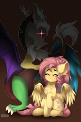 Size: 1280x1920 | Tagged: safe, artist:natanvok, discord, fluttershy, pegasus, pony, g4, chest fluff, duo, ear fluff, eyes closed, glowing, glowing eyes, glowing eyes of doom, gradient background, sitting, wings