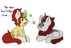 Size: 3700x2500 | Tagged: safe, artist:noxi1_48, oc, oc only, oc:holy sword, oc:treble pen, kirin, pony, unicorn, daily dose of friends, duo, high res, hypnosis, lying down, magic, open mouth, pendulum swing, prone, simple background, sitting, transparent background