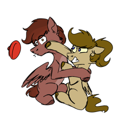 Size: 800x800 | Tagged: safe, artist:fuckomcfuck, oc, oc only, oc:autumn rosewood, oc:doodles, pegasus, pony, angry, hat, hug, punch, simple background, sitting, transparent background, violence