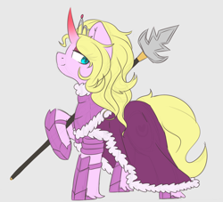 Size: 1280x1164 | Tagged: safe, artist:umbreow, oc, oc:pristine silk, pony, unicorn, armor, clothes, dress, female, mare, simple background, solo, spear, weapon