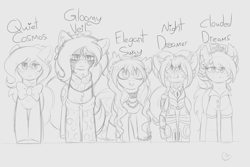 Size: 1280x853 | Tagged: safe, artist:umbreow, oc, oc only, oc:clouded dreams, oc:elegant sway, oc:gloomy veil, oc:night dreamer, oc:quiet cosmos, bat pony, pony, monochrome