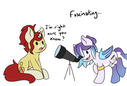 Size: 3700x2500 | Tagged: safe, artist:noxi1_48, oc, oc only, oc:treble pen, bat pony, pony, unicorn, daily dose of friends, duo, female, high res, mare, open mouth, open smile, simple background, sitting, smiling, telescope, transparent background