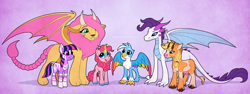 Size: 4000x1507 | Tagged: safe, artist:incendiarymoth, applejack, fluttershy, pinkie pie, rainbow dash, rarity, twilight sparkle, cow, dragon, griffon, kirin, manticore, zebra, g4, applecow, blaze (coat marking), blue eyes, blue sclera, chest fluff, cloven hooves, coat markings, colored hooves, colored horn, colored wings, cowified, cute, cute little fangs, dragoness, dragonified, facial markings, fangs, female, freckles, green eyes, griffonized, group, hair over one eye, horn, horns, kirin pinkie, kirin-ified, lavender background, leonine tail, looking at someone, looking up, magenta eyes, mane six, manticorified, mare, multicolored wings, paws, purple eyes, rainbow griffon, rainbow wings, raridragon, sextet, simple background, slit pupils, smiling, socks (coat markings), species swap, spread wings, standing, stripes, tail, talons, teal eyes, udder, unshorn fetlocks, wall of tags, wings, zebrafied
