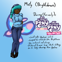 Size: 1080x1080 | Tagged: safe, artist:jackudoggy, misty brightdawn, human, g5, breasts, busty misty brightdawn, clothes, dark skin, denim, female, freckles, gradient background, headcanon, humanized, jeans, pants, solo, turtleneck