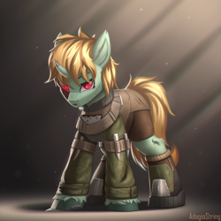 Size: 2000x2000 | Tagged: safe, artist:adagiostring, oc, oc only, oc:easy peasy, cyborg, cyborg pony, pony, unicorn, fallout equestria, abstract, abstract background, angry, armor, battle suit, clothes, commission, curved horn, female, foe adventures, glowing, glowing eyes, high res, horn, injured, looking at you, orange hair, red eyes, simple background, solo, standing, suit, synth, terminator