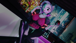 Size: 2560x1440 | Tagged: safe, alternate version, artist:scarlet twinkle, oc, oc:lucy lash, cyborg, earth pony, anthro, 3d, boots, choker, cigarette, clothes, crossover, cyberpunk, edgerunner, eyebrows, eyelashes, glass, jacket, looking at you, panties, shirt, shoes, short hair, smoking, solo, thigh boots, underwear, wine glass