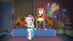 Size: 1920x1080 | Tagged: safe, screencap, fluttershy, sunset shimmer, human, equestria girls, g4, game stream, my little pony equestria girls: better together, controller, converse, fluttershy boho dress, gamer sunset, gamershy, rageset shimmer, shoes, sneakers, video game