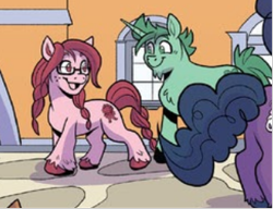 Size: 324x249 | Tagged: safe, artist:natalie haines, idw, earth pony, pony, unicorn, g5, idw endless summer—my little pony, spoiler:comic, spoiler:g5comic, braid, cropped, female, glasses, male, mare, stallion, unnamed character, unnamed pony, unshorn fetlocks