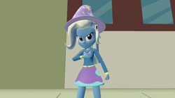 Size: 1600x900 | Tagged: safe, artist:th3m4nw1thn0n4m3, trixie, human, equestria girls, g4, 3d, clothes, female, hair, hairclip, hand on chest, hat, hoodie, skirt, smiling, smirk, sweater, teenager