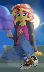 Size: 4944x7968 | Tagged: safe, artist:emeraldblast63, sunset shimmer, human, equestria girls, g4, beautiful, blushing, cellphone, clothes, converse, denim, eyeshadow, female, jeans, looking at you, makeup, moon, night, outdoors, pants, phone, pink eyeshadow, shoes, sitting, smartphone, smiling, solo, woman