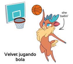 Size: 2500x2189 | Tagged: safe, artist:nonameorous, velvet (tfh), deer, them's fightin' herds, antlers, arrow, ball, basketball, cloven hooves, community related, english, high res, jumping, looking away, meme, raised hoof, simple background, solo, spanish, sports, text, translated in the comments, white background