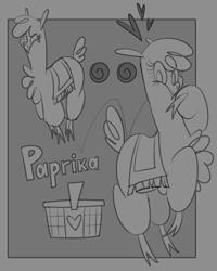 Size: 2088x2612 | Tagged: safe, artist:nonameorous, paprika (tfh), alpaca, them's fightin' herds, basket, cinnamon bun, cloven hooves, community related, eyes closed, food, gray background, grayscale, high res, jumping, looking at you, monochrome, picnic basket, simple background, smiling, smiling at you, standing on two hooves, text