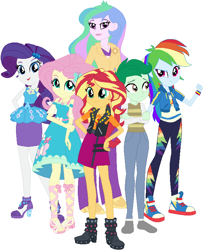 Size: 634x782 | Tagged: safe, artist:sturk-fontaine, fluttershy, princess celestia, principal celestia, rainbow dash, rarity, sunset shimmer, wallflower blush, oc, oc:morning glory, human, fanfic:futaquestria girls, equestria girls, g4, base used, converse, femboy, freckles, geode of empathy, geode of fauna, geode of shielding, geode of super speed, group, intersex, magical geodes, male, rule 63, shoes, simple background, sweater vest, white background