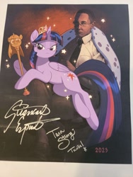 Size: 1536x2048 | Tagged: safe, artist:lexivine, twilight sparkle, alicorn, human, pony, g4, 2023, autograph, big crown thingy, breaking bad, chair, clothes, crossover, crown, duo, element of magic, female, fur coat, giancarlo esposito, glasses, gus fring, irl, jewelry, male, mare, necktie, painting, pants, photo, regalia, scepter, shirt, shoes, signature, socks, tara strong, twilight scepter, twilight sparkle (alicorn)