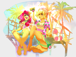 Size: 4000x3000 | Tagged: safe, artist:yoyoyocfxfrz, applejack, strawberry sunrise, human, equestria girls, g4, alternate hairstyle, anklet, applerise, barefoot, belly button, bikini, bikini top, blushing, clothes, duo, equestria girls-ified, feet, female, food, foot focus, freckles, hawaiian shirt, jewelry, lesbian, midriff, not apple bloom, open mouth, palm tree, pier, requested art, shipping, shirt, shorts, strawberry, summer, swimsuit, tongue out, tree
