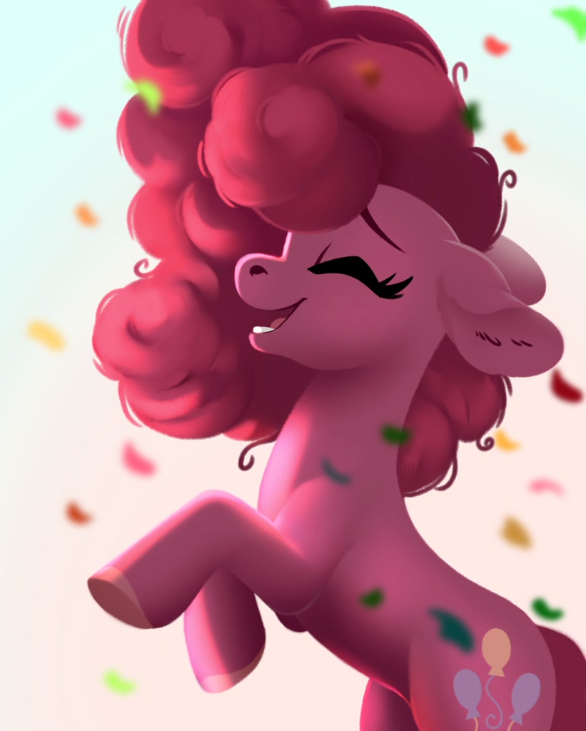 [confetti,earth pony,eyes closed,happy,pinkie pie,pony,rearing,safe,solo,side view,smiling,artist:28gooddays]