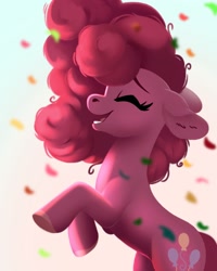 Size: 1500x1872 | Tagged: safe, artist:28gooddays, pinkie pie, earth pony, pony, g4, confetti, eyes closed, happy, rearing, side view, smiling, solo