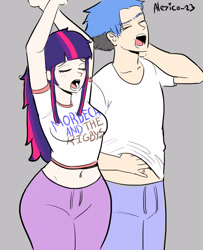 Size: 1300x1600 | Tagged: safe, artist:alexicoreborn, twilight sparkle, human, equestria girls, g4, belly button, big breasts, breasts, clothes, crossover, crossover shipping, eyes closed, female, gray background, humanized, male, mordecai, mordecai and the rigbys, mordetwi, open mouth, pants, regular show, shipping, simple background, straight, stretching, sweatpants, wide hips, yawn
