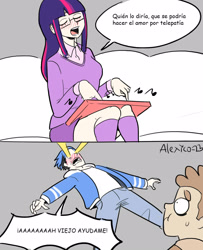 Size: 1300x1600 | Tagged: safe, artist:alexicoreborn, twilight sparkle, human, equestria girls, g4, blushing, clothes, crossover, crossover shipping, electric piano, eye beams, eyes closed, female, glasses, gray background, humanized, implied sex, levitation, long socks, magic, male, miniskirt, mordecai, mordetwi, regular show, rigby (regular show), shipping, shocked, signature, simple background, skirt, speech bubble, straight, sweat, sweatdrop, the power