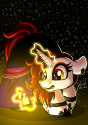 Size: 2894x4093 | Tagged: safe, artist:julunis14, oc, oc only, oc:blazing sheath, pony, unicorn, clothes, curious, ear piercing, earring, eyeshadow, female, fire, horn, jewelry, leg rings, lighter, magic, magic aura, makeup, mare, piercing, robe, signature, unicorn oc