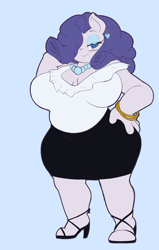 Size: 2500x3940 | Tagged: safe, artist:fourpundo, rarity, unicorn, anthro, g4, arm behind head, bedroom eyes, big breasts, blue background, blushing, bracelet, breasts, busty rarity, clothes, ear piercing, earring, eyeshadow, fat, female, hair over one eye, high heels, high res, huge breasts, jewelry, looking at you, makeup, necklace, piercing, plump, raritubby, shoes, simple background, skirt, smiling, smiling at you, solo, thick, thighs, thunder thighs, wide hips