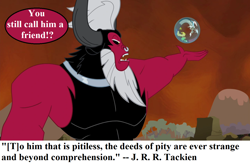 Size: 1280x840 | Tagged: safe, edit, edited screencap, editor:korora, screencap, discord, lord tirek, centaur, taur, g4, twilight's kingdom, bubble, offscreen character, speech bubble, text, the silmarillion, tolkien