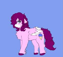 Size: 827x749 | Tagged: safe, artist:hivecicle, oc, oc only, oc:pink snowcone, pegasus, pony, blue background, blue eyes, chest fluff, colored wings, ear piercing, hooves, markings, maroon, multicolored wings, piercing, pink fur, pink hair, pink pony, pink tail, simple background, snow cone, solo, tail, white fur, white wings, wings