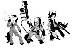 Size: 1024x751 | Tagged: safe, artist:juanrock, oc, oc only, oc:cloud chaser, oc:razor graze, oc:shadow-mark, pony, fanfic:three of me: school society, axe, black and white, cigarette, clothes, cosplay, costume, flamethrower, glasses, grayscale, gun, monochrome, simple background, team fortress 2, weapon, white background