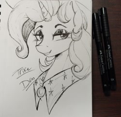Size: 1929x1860 | Tagged: safe, artist:thelunarmoon, trixie, pony, unicorn, g4, black and white, bust, female, grayscale, grin, lidded eyes, mare, monochrome, name, pen drawing, smiling, solo, traditional art