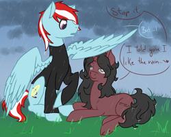 Size: 800x640 | Tagged: safe, artist:rainbowartsies, oc, oc:razor graze, oc:silk mirage, pegasus, pony, unicorn, dialogue, duo, grass, lying down, rain, sitting, two toned mane, wings