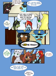 Size: 1280x1724 | Tagged: safe, artist:juanrock, oc, oc:altruism, oc:belladona leaf, oc:cloud chaser, oc:razor graze, oc:silk mirage, oc:vermillion brush, pony, unicorn, arrested, comic, cuffs, dialogue, facial hair, glasses, heterochromia, moustache, police, police officer, speech bubble