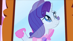 Size: 800x447 | Tagged: safe, screencap, rarity, pony, unicorn, g4, suited for success, bathrobe, bed mane, blue eyes, clothes, female, looking up, mare, messy mane, purple hair, purple mane, robe, white fur