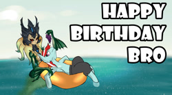 Size: 1280x711 | Tagged: safe, artist:juanrock, oc, oc:razor graze, mermaid, pegasus, pony, blushing, clothes, duo, happy birthday, inner tube, league of legends, nami (league of legends), ocean, pants, pool toy, shipping, two toned mane, water