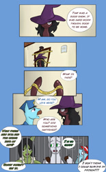 Size: 1191x1920 | Tagged: safe, artist:juanrock, oc, oc only, oc:altruism, oc:cloud chaser, oc:razor graze, oc:silk mirage, pony, unicorn, comic, group, hat, jail, police, police officer, police tape, witch hat