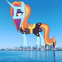 Size: 1024x1024 | Tagged: safe, anonymous editor, artist:dashiesparkle, edit, sassy saddles, pony, unicorn, g4, clothes, dress, eyeshadow, female, giant pony, giantess, highrise ponies, irl, macro, makeup, mare, photo, ponies in real life, saddle, seattle, solo, story included, tack, washington