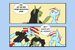 Size: 1280x863 | Tagged: safe, artist:juanrock, oc, oc only, oc:aromatheropy, oc:cloud chaser, oc:razor graze, pony, brother and sister, comic, dialogue, female, hitting, male, siblings, speech bubble, two toned mane