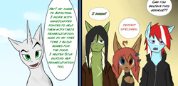 Size: 1280x620 | Tagged: safe, artist:juanrock, oc, oc:altruism, oc:cloud chaser, oc:razor graze, oc:vermillion brush, pony, unicorn, blushing, comic, dialogue, heterochromia, speech bubble