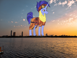 Size: 1307x980 | Tagged: safe, anonymous editor, artist:koolfrood, edit, hoo'far, pony, saddle arabian, unicorn, g4, bag, dubai, giant pony, goggles, highrise ponies, irl, macro, male, photo, ponies in real life, saddle bag, solo, stallion, story included, united arab emirates