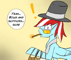 Size: 1280x1079 | Tagged: safe, artist:juanrock, oc, oc only, oc:razor graze, pegasus, pony, cigar, clothes, dialogue, exclamation point, glasses, hat, scarf, shopping, solo, speech bubble