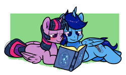 Size: 1300x778 | Tagged: safe, artist:paperbagpony, twilight sparkle, oc, alicorn, pony, g4, alicorn oc, blushing, book, female, horn, mare, reading, starswirl's book, twilight sparkle (alicorn), wings