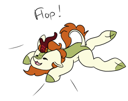 Size: 2248x1777 | Tagged: safe, artist:noxi1_48, autumn blaze, kirin, daily dose of friends, g4, eyes closed, flop, lying down, open mouth, open smile, simple background, smiling, solo, transparent background