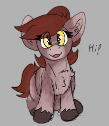 Size: 541x624 | Tagged: safe, artist:reddthebat, oc, oc only, oc:novella (reddthebat), earth pony, pony, chest fluff, eye clipping through hair, female, filly, foal, gray background, looking at you, offspring, parent:oc:number nine, simple background, smiling, smiling at you, solo, talking to viewer, unshorn fetlocks