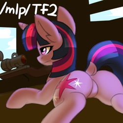 Size: 2000x2000 | Tagged: safe, artist:rusfag, twilight sparkle, pony, unicorn, g4, /mlp/, /mlp/ tf2 general, butt, dock, featureless crotch, female, gun, high res, mare, plot, rifle, sniper, sniper (tf2), sniper rifle, solo, tail, team fortress 2, text, twibutt, unicorn twilight, weapon