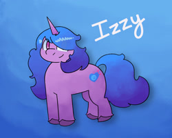 Size: 2048x1638 | Tagged: safe, artist:fuschia-draws, izzy moonbow, pony, unicorn, g5, blue background, female, gradient background, mare, name, solo, text