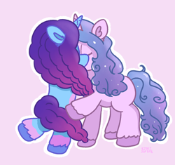 Size: 1296x1219 | Tagged: safe, artist:limitmj, izzy moonbow, misty brightdawn, pony, unicorn, g5, my little pony: tell your tale, sparkle school, spoiler:g5, spoiler:my little pony: tell your tale, spoiler:tyts01e58, duo, duo female, female, kissing, lavender background, lesbian, mare, rebirth misty, ship:mizzy, shipping, signature, simple background, text