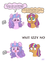 Size: 2160x2836 | Tagged: safe, artist:limitmj, izzy moonbow, sunny starscout, earth pony, pony, unicorn, g5, comic, duo, duo female, electrical outlet, female, fork, high res, magic, mane stripe sunny, mare, signature, simple background, speech bubble, text, this will end in electrocution, too dumb to live, unicorn master race, white background