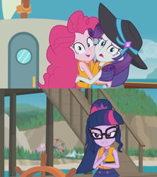 Size: 1280x1440 | Tagged: safe, screencap, pinkie pie, rarity, sci-twi, twilight sparkle, human, equestria girls, g4, my little pony equestria girls: better together, the salty sails, clothes, female, geode of shielding, geode of sugar bombs, geode of telekinesis, glasses, lifejacket, lip bite, magical geodes, not what it looks like, out of context, ponytail, shipper on deck, sleeveless, swimsuit, twilight the shipper
